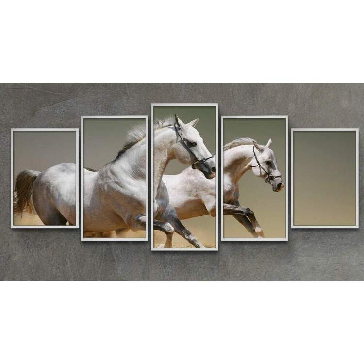 Kit 5 Quadros Decorativos Mosaico Cavalos Brancos Correndo 02