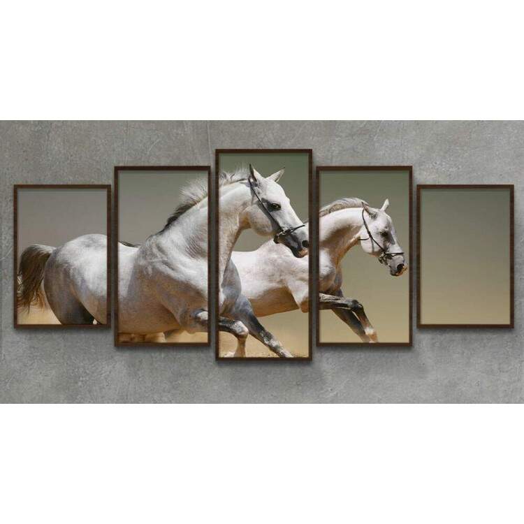 Kit 5 Quadros Decorativos Mosaico Cavalos Brancos Correndo 02