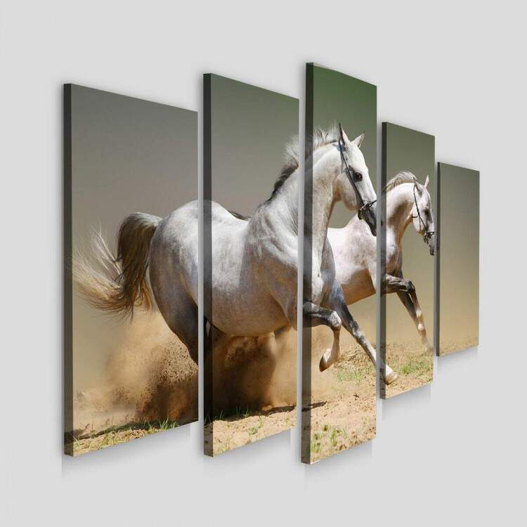 Kit 5 Quadros Decorativos Mosaico Cavalos Brancos Correndo 02