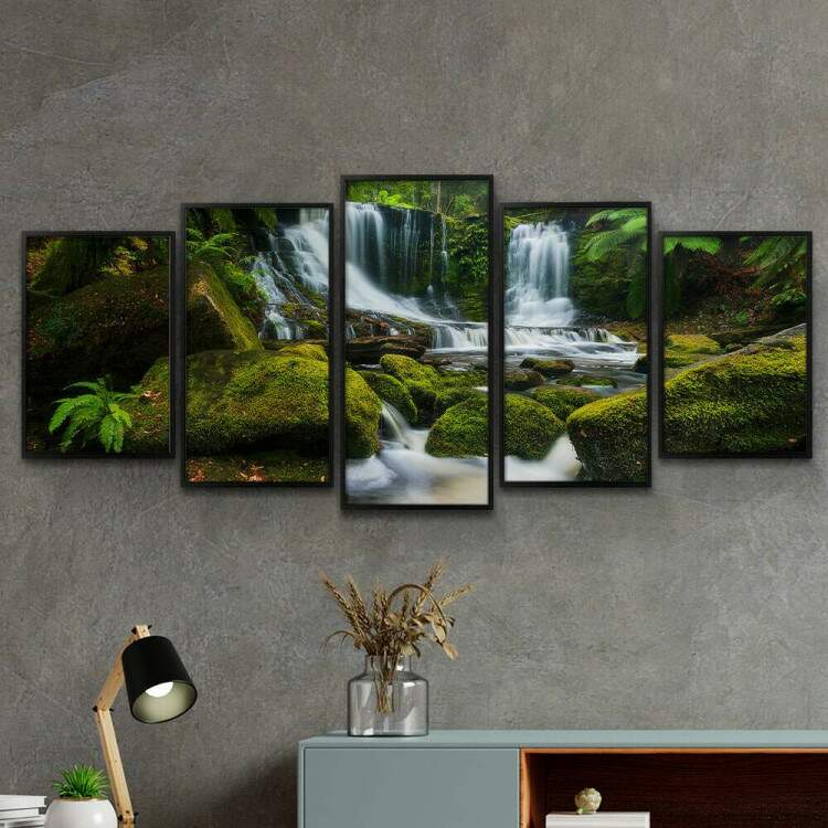 Kit 5 Quadros Decorativos Mosaico Paisagem Cachoeira 03