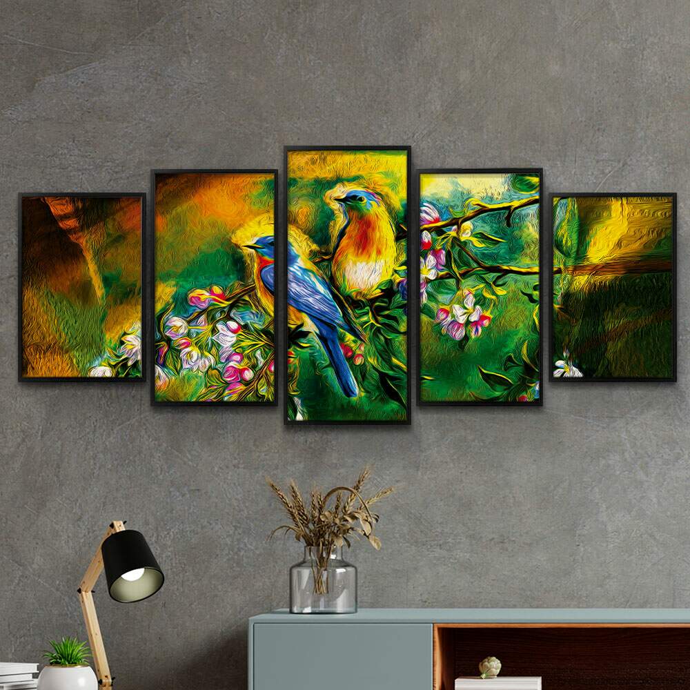 Kit 5 Quadros Decorativos Mosaico Pintura P�ssaros