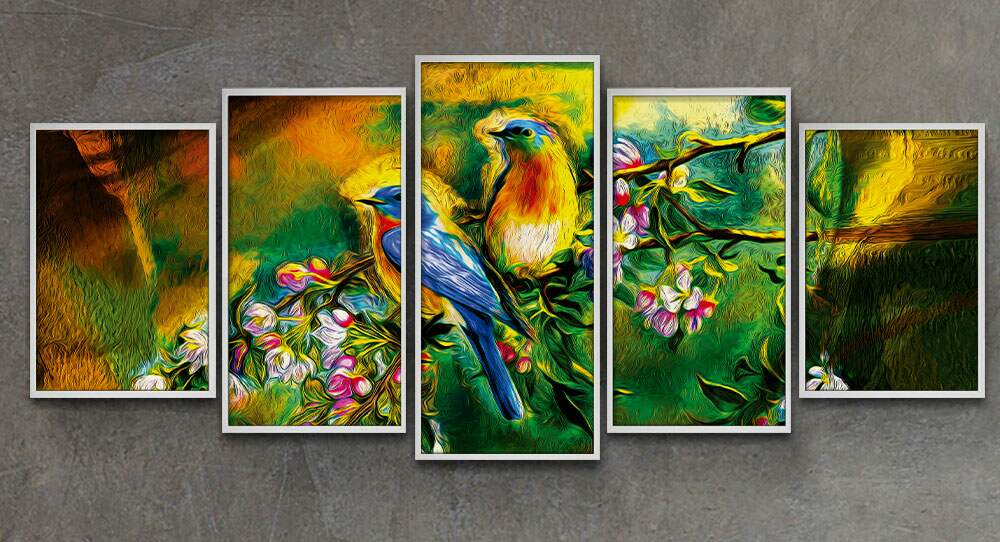 Kit 5 Quadros Decorativos Mosaico Pintura P�ssaros