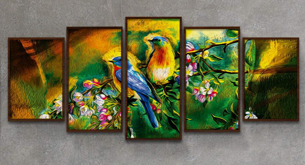 Kit 5 Quadros Decorativos Mosaico Pintura P�ssaros