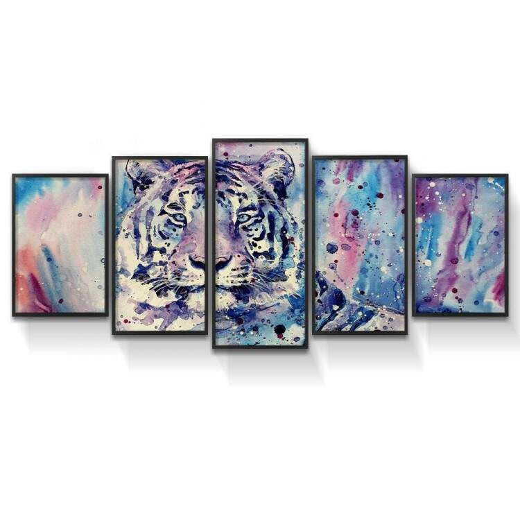 Kit 5 Quadros Decorativos Mosaico Pintura Tigre Branco 06