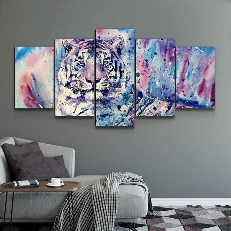 Kit 5 Quadros Decorativos Mosaico Pintura Tigre Branco 06