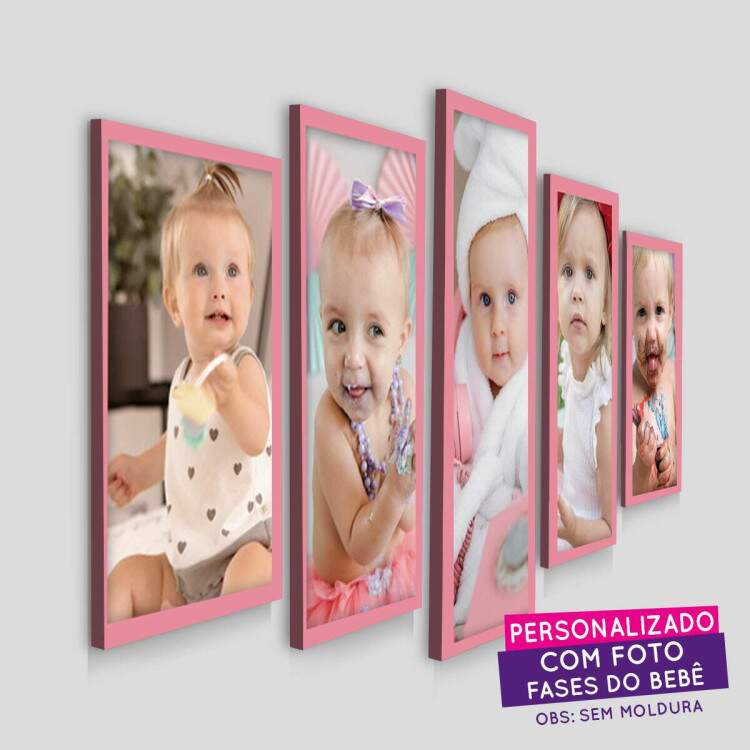 Kit 5 Quadros Decorativos Mosaico Fases do Beb Fotos Personalizadas