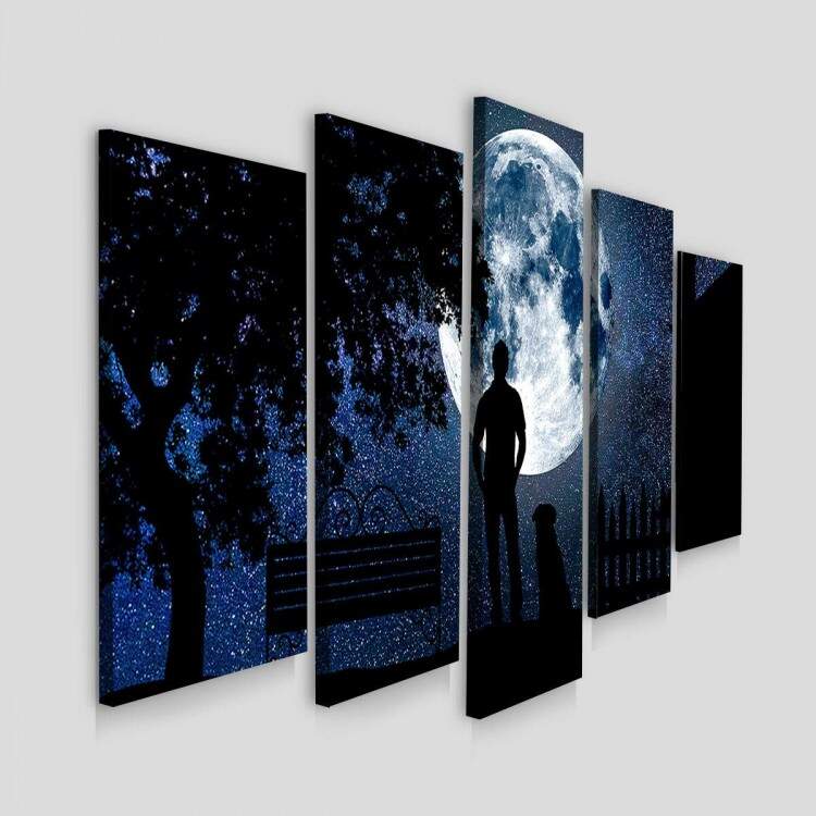 Kit 5 Quadros Decorativos Mosaico Homem e Cachorro Noite Lua Cheia