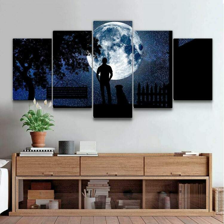 Kit 5 Quadros Decorativos Mosaico Homem e Cachorro Noite Lua Cheia