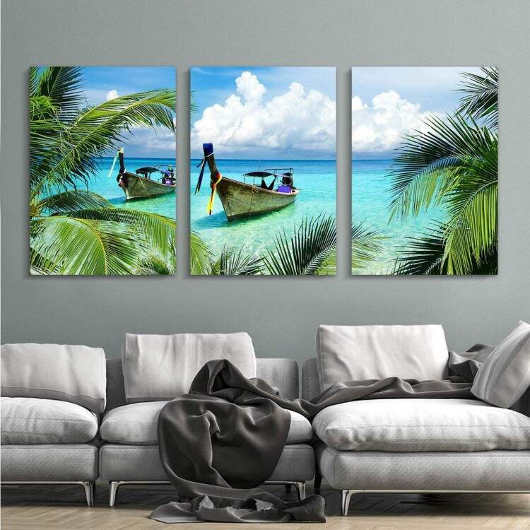 Kit 3 Quadros Decorativos Barcos na Ilha