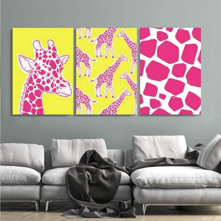 Kit 3 Quadros Decorativos Girafas Rosa