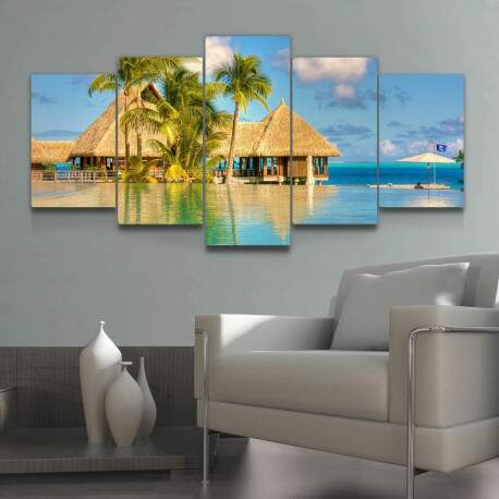 Kit 5 Quadros Decorativos Mosaico Quiosque Praia