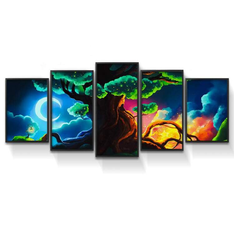 Kit Quadros Decorativos Mosaico Ilustrao Paisagem rvore e Lua