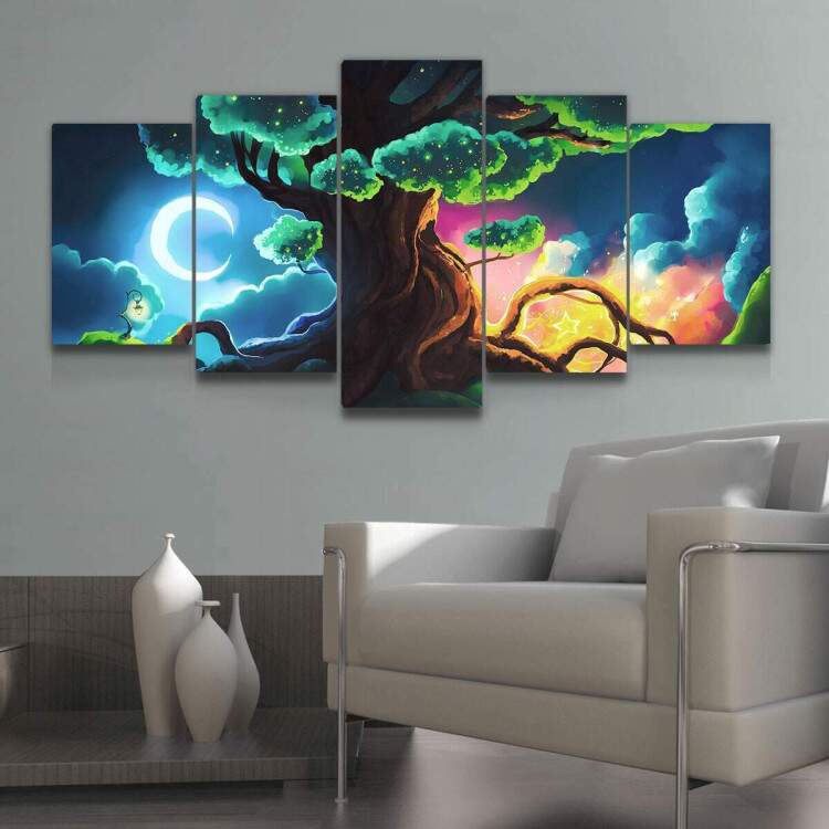 Kit Quadros Decorativos Mosaico Ilustrao Paisagem rvore e Lua