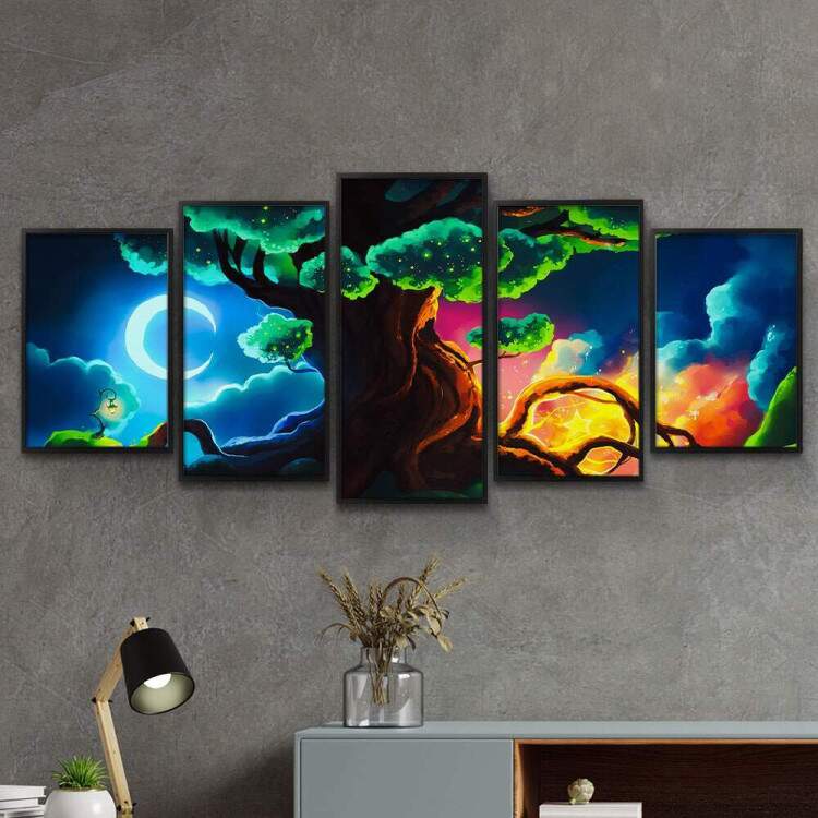 Kit Quadros Decorativos Mosaico Ilustrao Paisagem rvore e Lua