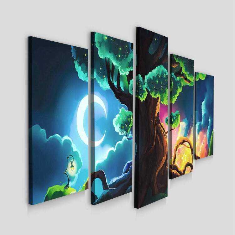 Kit Quadros Decorativos Mosaico Ilustrao Paisagem rvore e Lua
