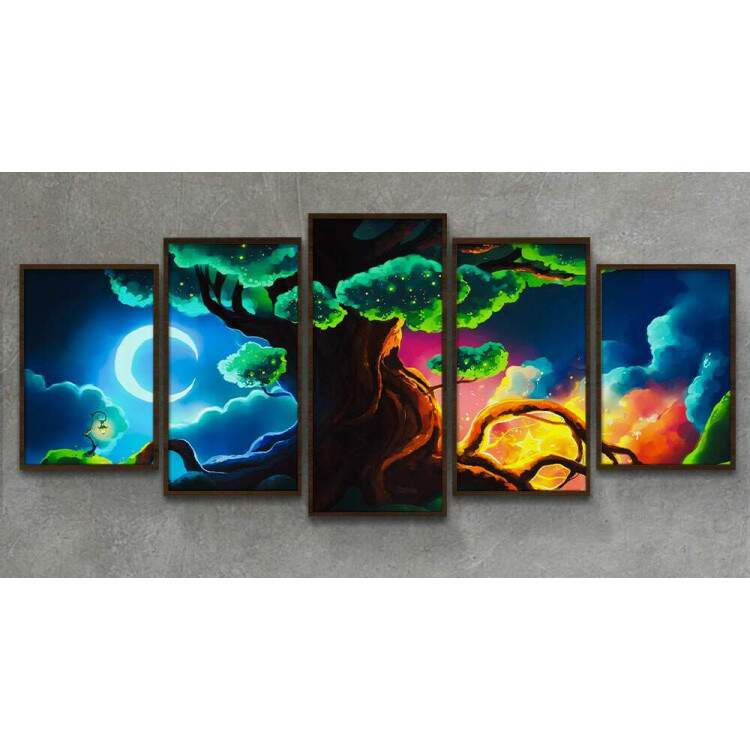 Kit Quadros Decorativos Mosaico Ilustrao Paisagem rvore e Lua