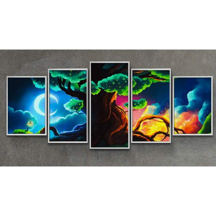 Kit Quadros Decorativos Mosaico Ilustrao Paisagem rvore e Lua