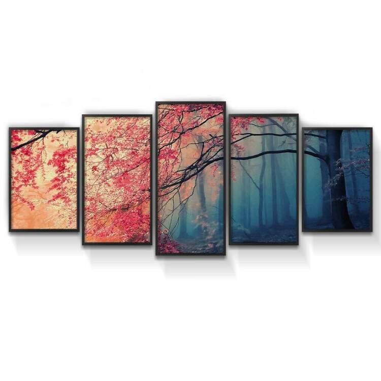 Kit 5 Quadros Decorativos Mosaico Paisagem rvore Flores Rosa