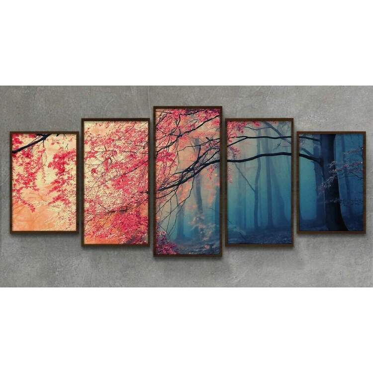 Kit 5 Quadros Decorativos Mosaico Paisagem rvore Flores Rosa