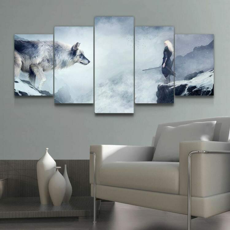 Kit 5 Quadros Decorativos Mosaico Lobo Grande Na Neve