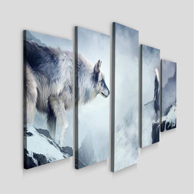 Kit 5 Quadros Decorativos Mosaico Lobo Grande Na Neve