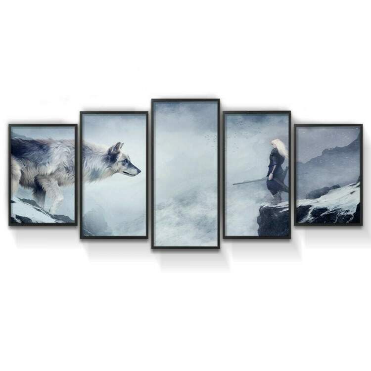 Kit 5 Quadros Decorativos Mosaico Lobo Grande Na Neve