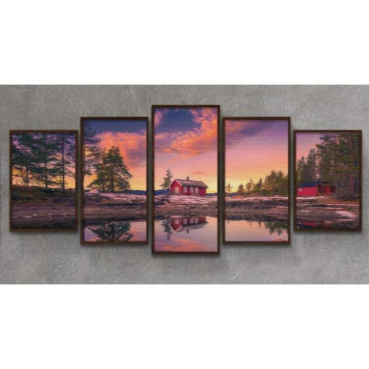 Kit 5 Quadros Decorativos Mosaico Pintura de Lago e Casa
