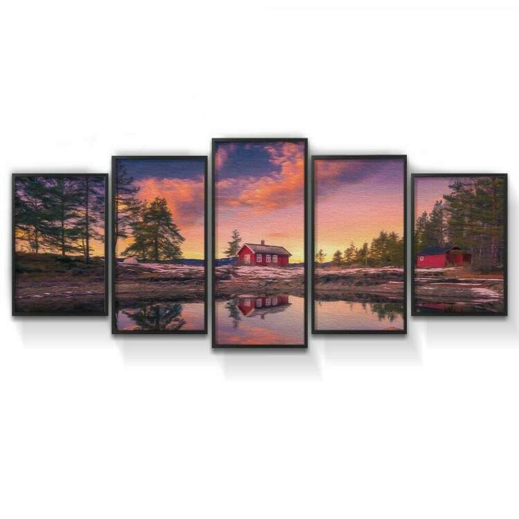 Kit 5 Quadros Decorativos Mosaico Pintura de Lago e Casa