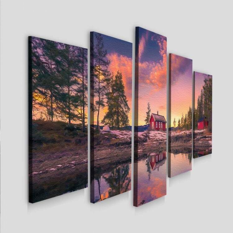 Kit 5 Quadros Decorativos Mosaico Pintura de Lago e Casa