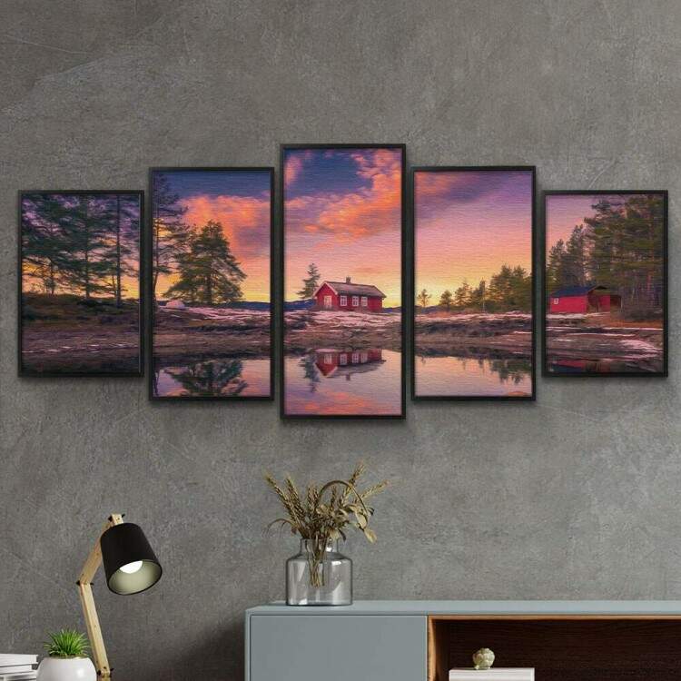 Kit 5 Quadros Decorativos Mosaico Pintura de Lago e Casa