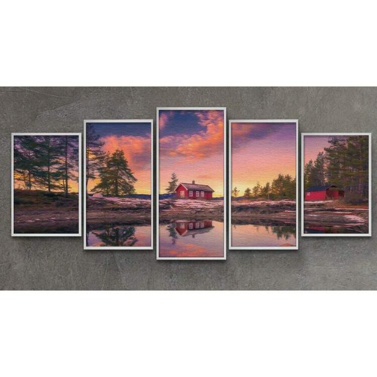 Kit 5 Quadros Decorativos Mosaico Pintura de Lago e Casa