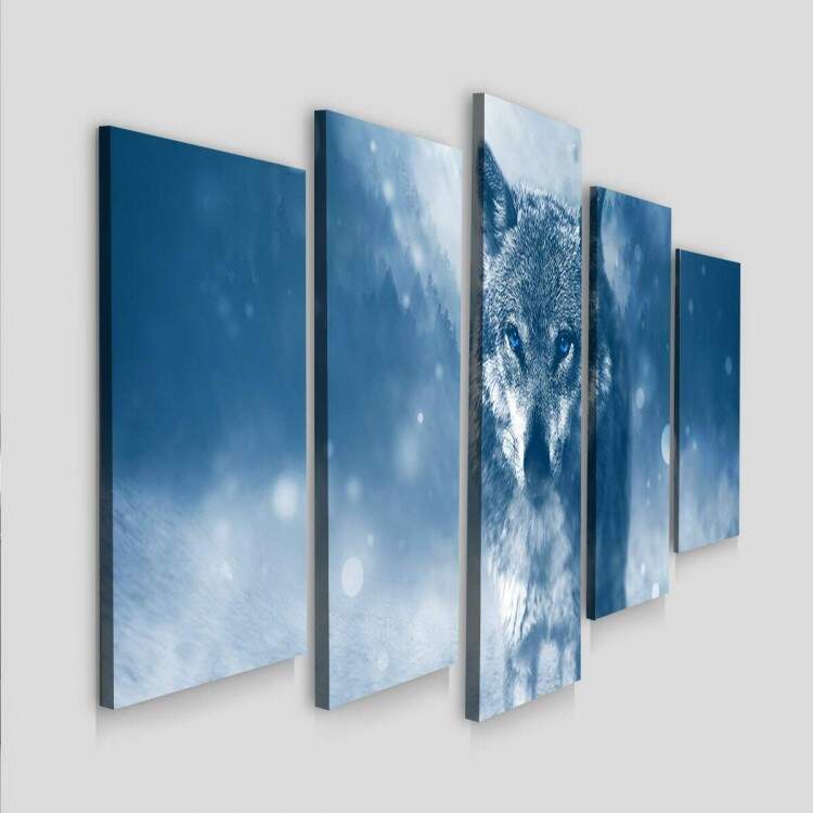 Kit 5 Quadros Decorativos Mosaico Lobo Na Neve