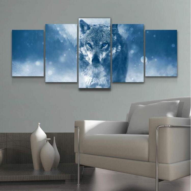 Kit 5 Quadros Decorativos Mosaico Lobo Na Neve