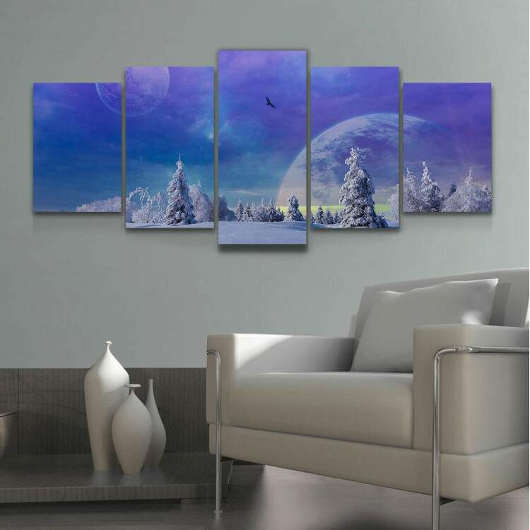 Kit Quadros Decorativos Mosaico Paisagem Lua e Neve