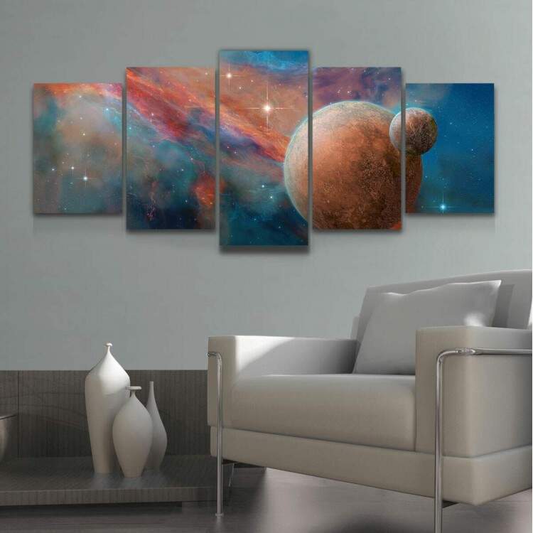 Kit 5 Quadros Decorativos Mosaico Pintura de Planetas Galxia