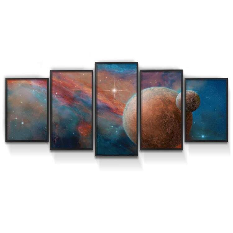 Kit 5 Quadros Decorativos Mosaico Pintura de Planetas Galxia