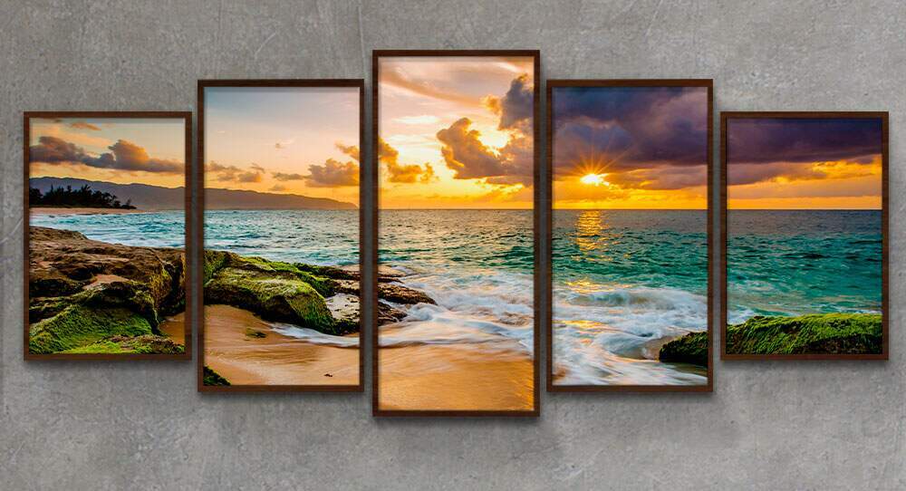 Kit Quadros Decorativos Mosaico Praia P�r do Sol