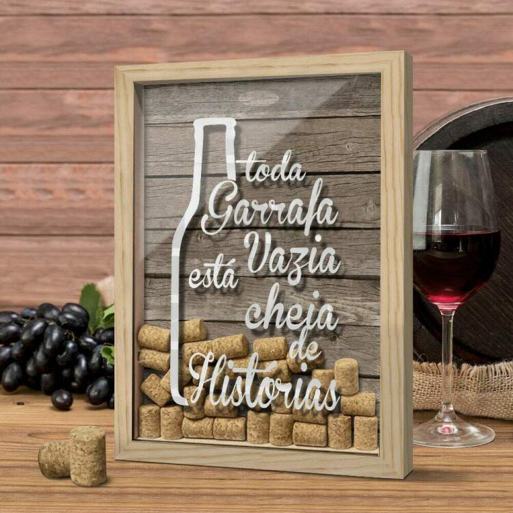 Quadro Decorativo Porta Rolhas Garrafa Vazia Cheia de Histrias