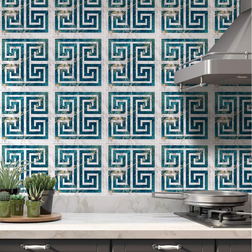 Adesivos de Azulejos Ladrilhos Cartela Mrmore Azul Com Dourado e Branco