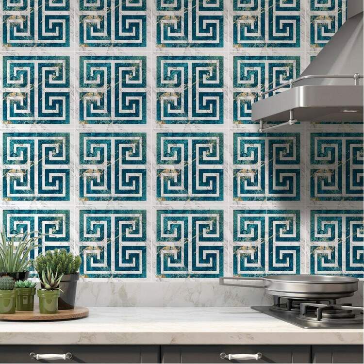 Adesivos de Azulejos Ladrilhos Cartela Mrmore Azul Com Dourado e Branco