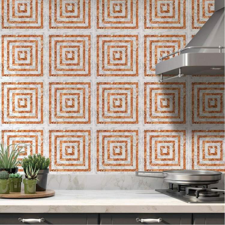 Adesivos de Azulejos Ladrilhos Cartela Mrmore Laranja e Branco