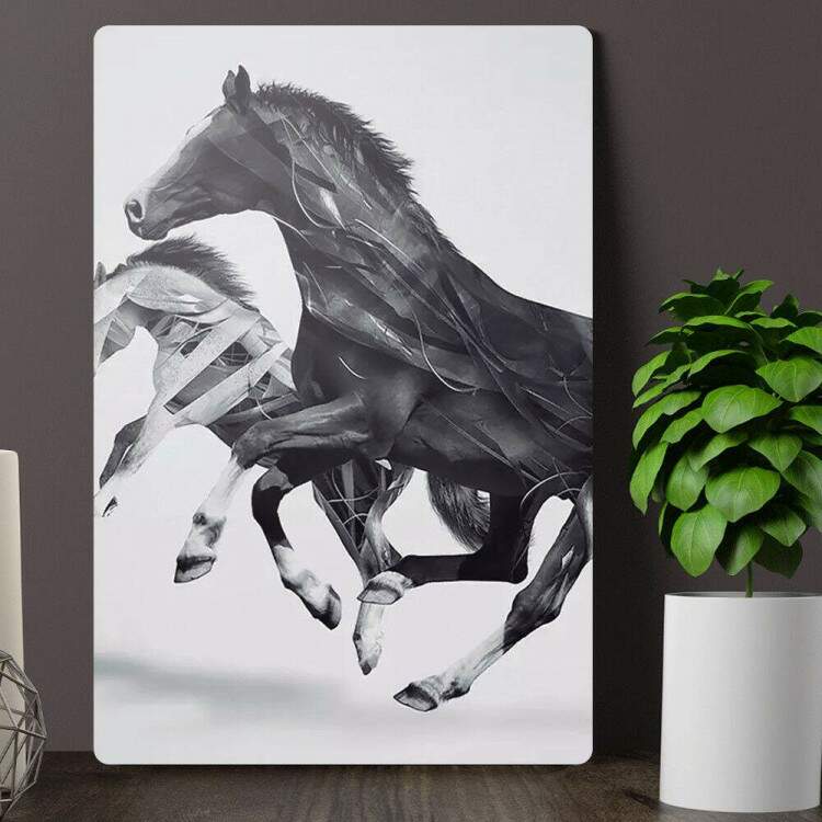 Placa Decorativa Cavalos Preto e Branco