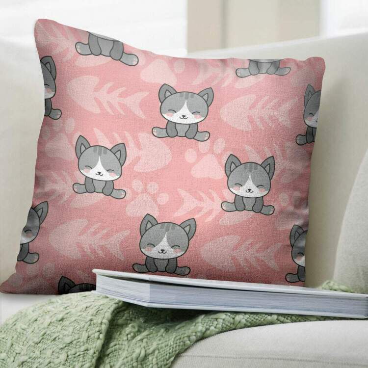 Almofada Gatinhos Cinzas Com Fundo Rosa