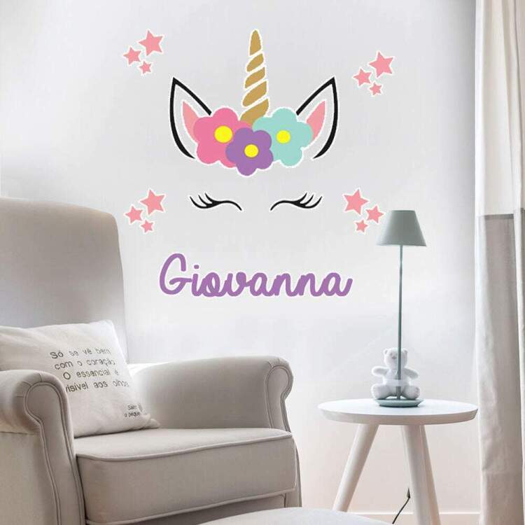 Adesivo de Parede Unicrnio Roxo e Nome Personalizado