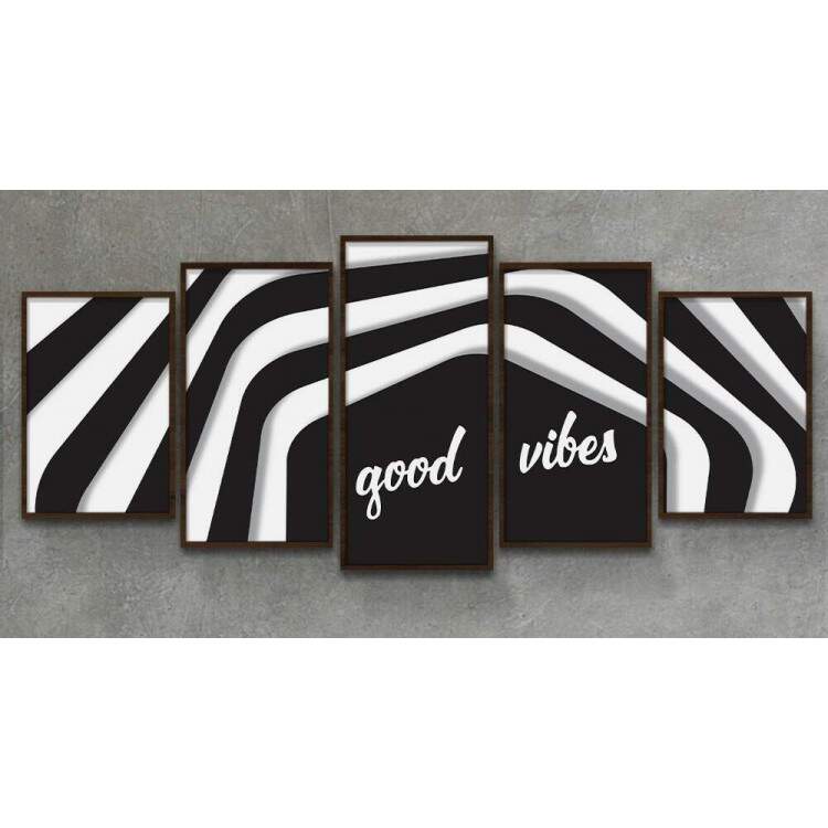 Kit 5 Quadros Decorativos Mosaico Good Vibes Preto e Branco