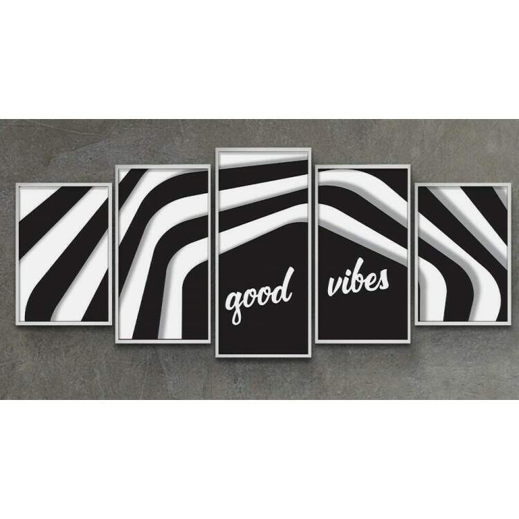 Kit 5 Quadros Decorativos Mosaico Good Vibes Preto e Branco