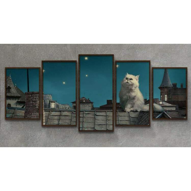 Kit 5 Quadros Decorativos Mosaico Gato Branco No Telhado