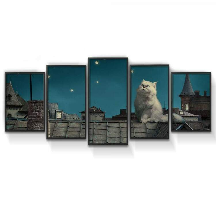 Kit Quadros Decorativos Mosaico Gato Branco Telhado