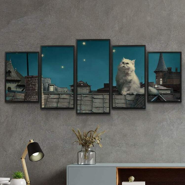 Kit 5 Quadros Decorativos Mosaico Gato Branco No Telhado