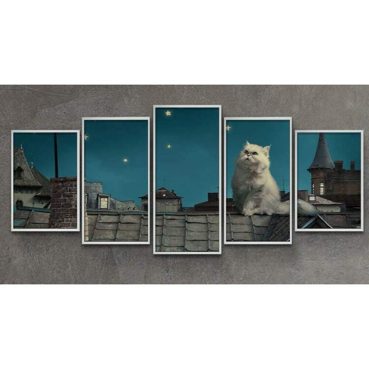 Kit Quadros Decorativos Mosaico Gato Branco Telhado